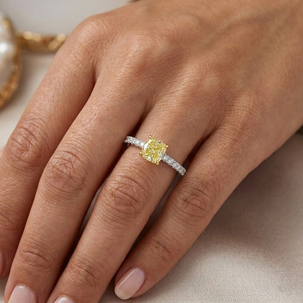 LEIBISH 0.75ct Fancy Yellow Cushion Pavé Diamond Ring