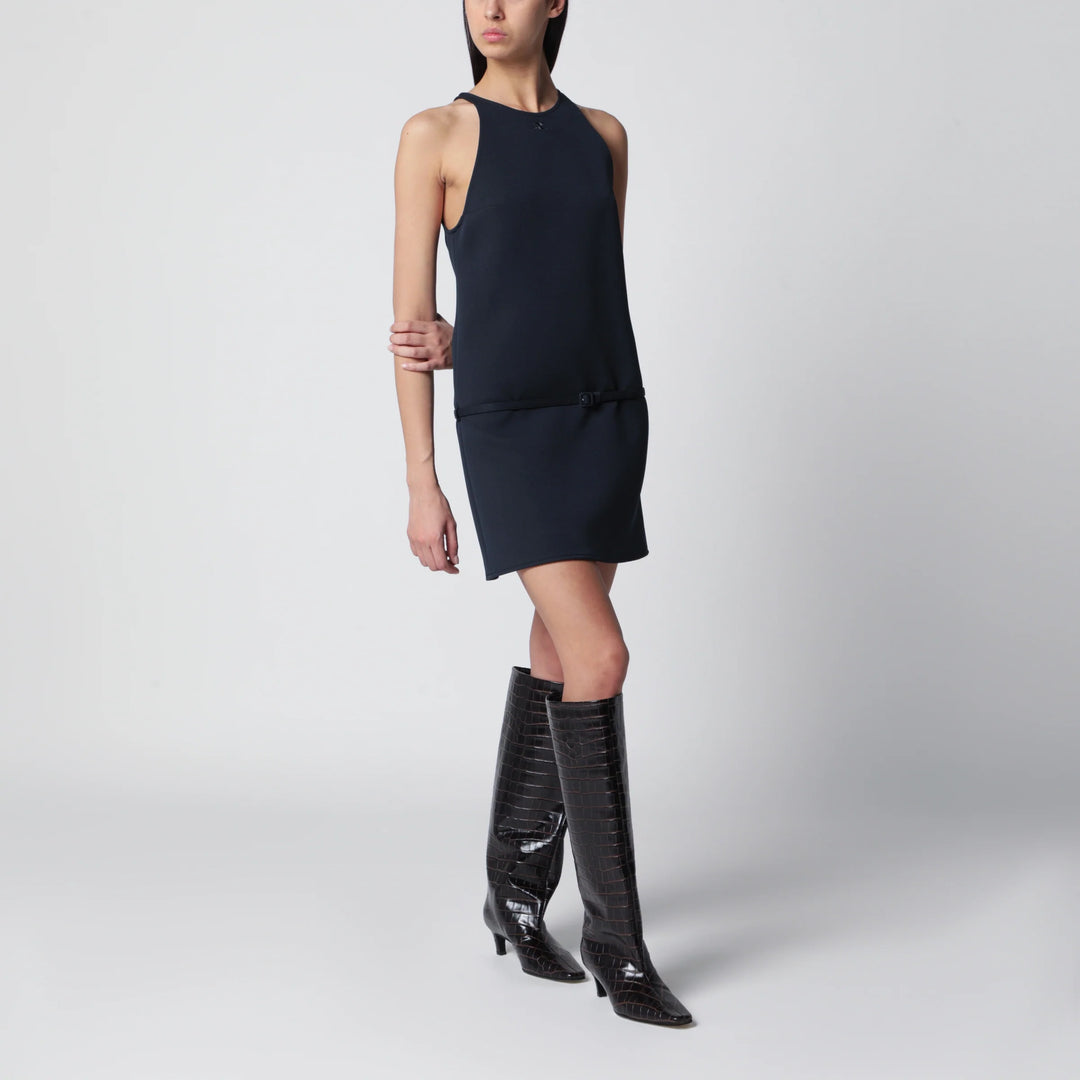 Courrèges - Sleeveless A-line twill mini dress with belt in navy
