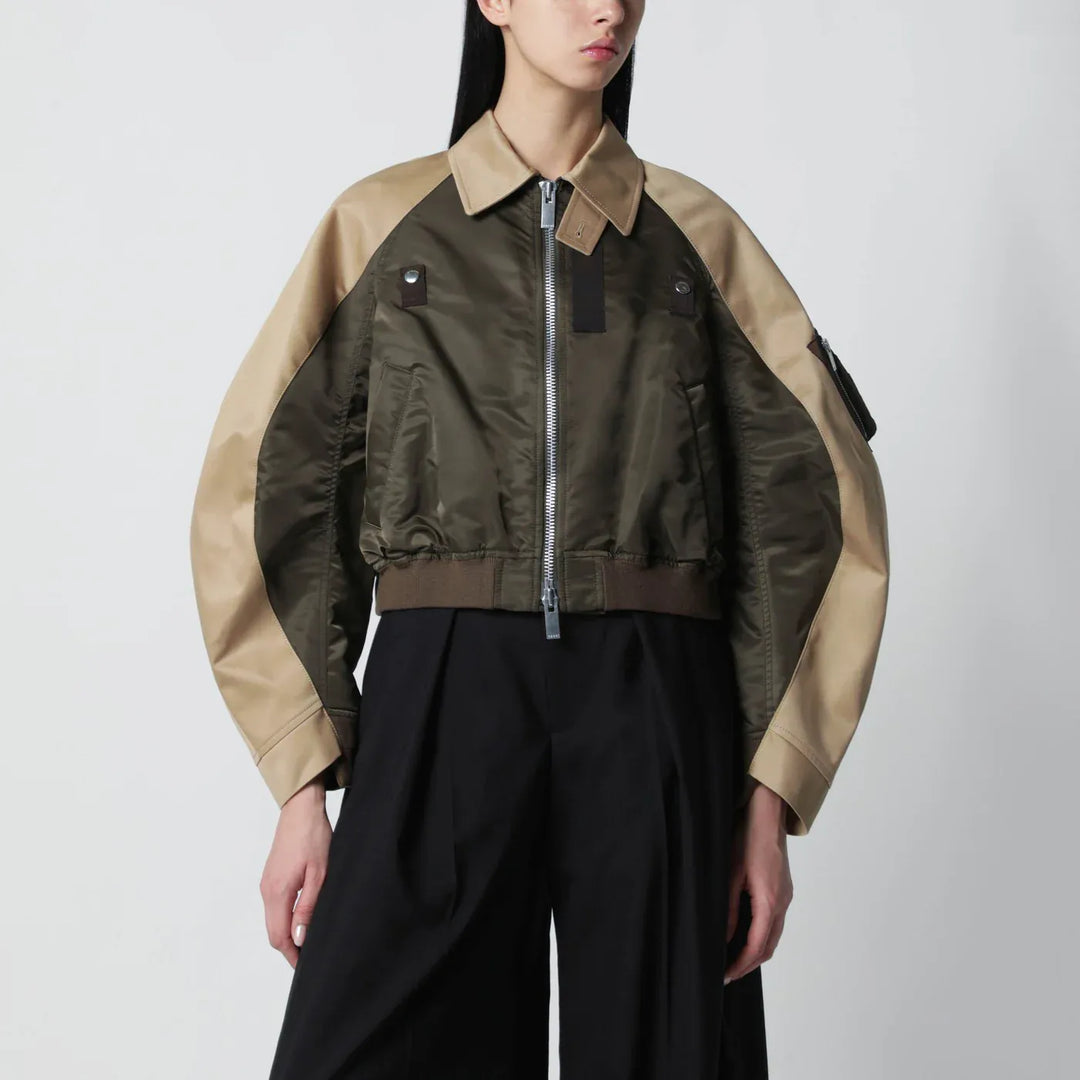 Sacai - Khaki green/beige nylon zip jacket