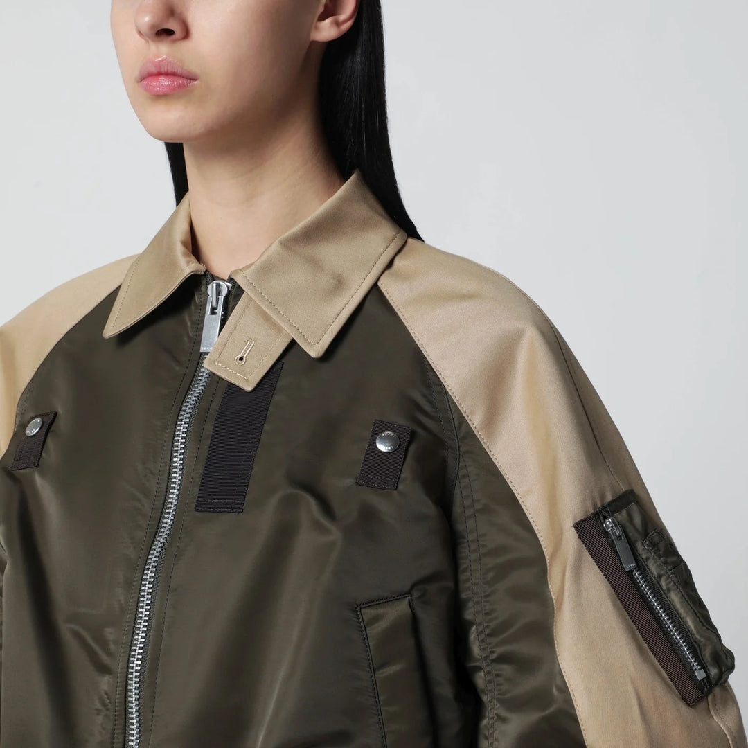Sacai - Khaki green/beige nylon zip jacket