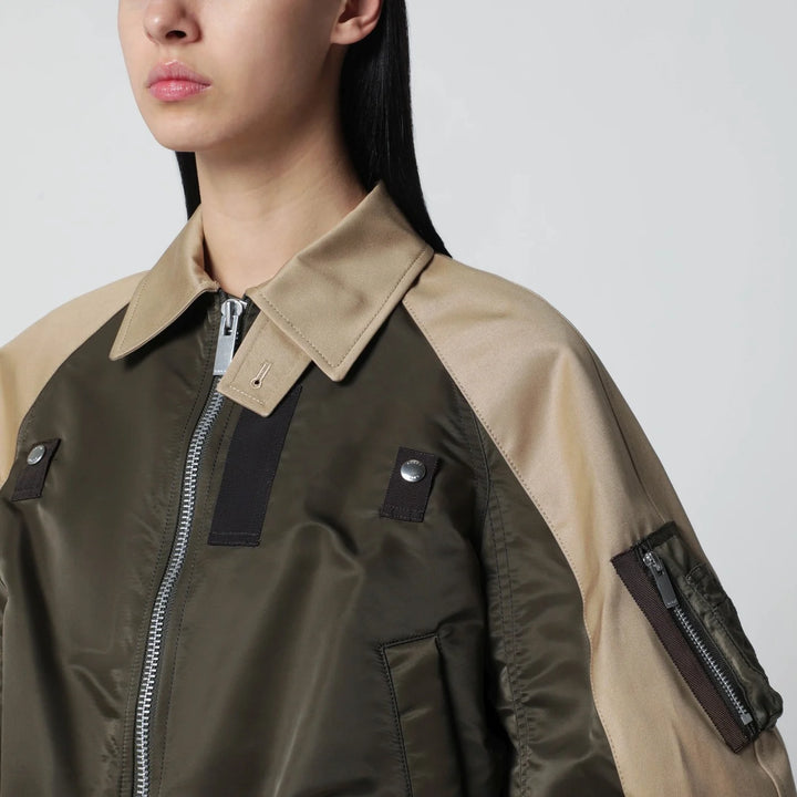 Sacai - Khaki green/beige nylon zip jacket