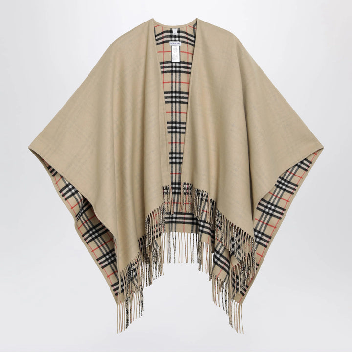 Burberry - Reversible wool check cape with fringes in sand beige