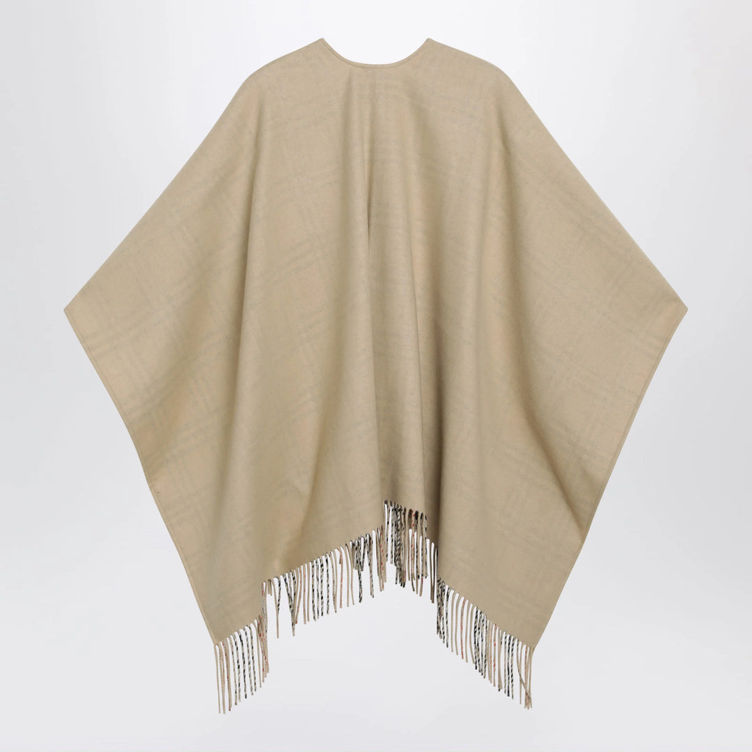 Burberry - Reversible wool check cape with fringes in sand beige