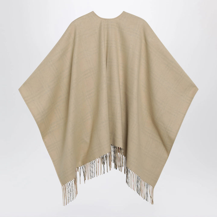 Burberry - Reversible wool check cape with fringes in sand beige