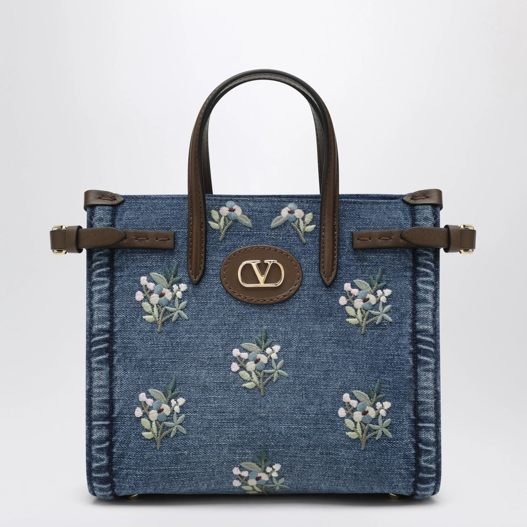 Valentino Garavani - Antibes small embroidered denim shopping bag in blue