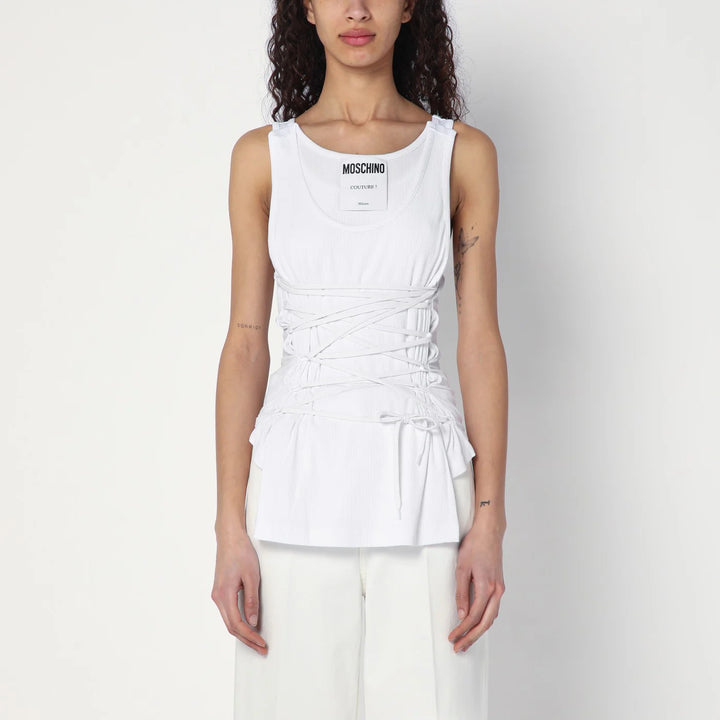 Moschino - White tank top in cotton with laces