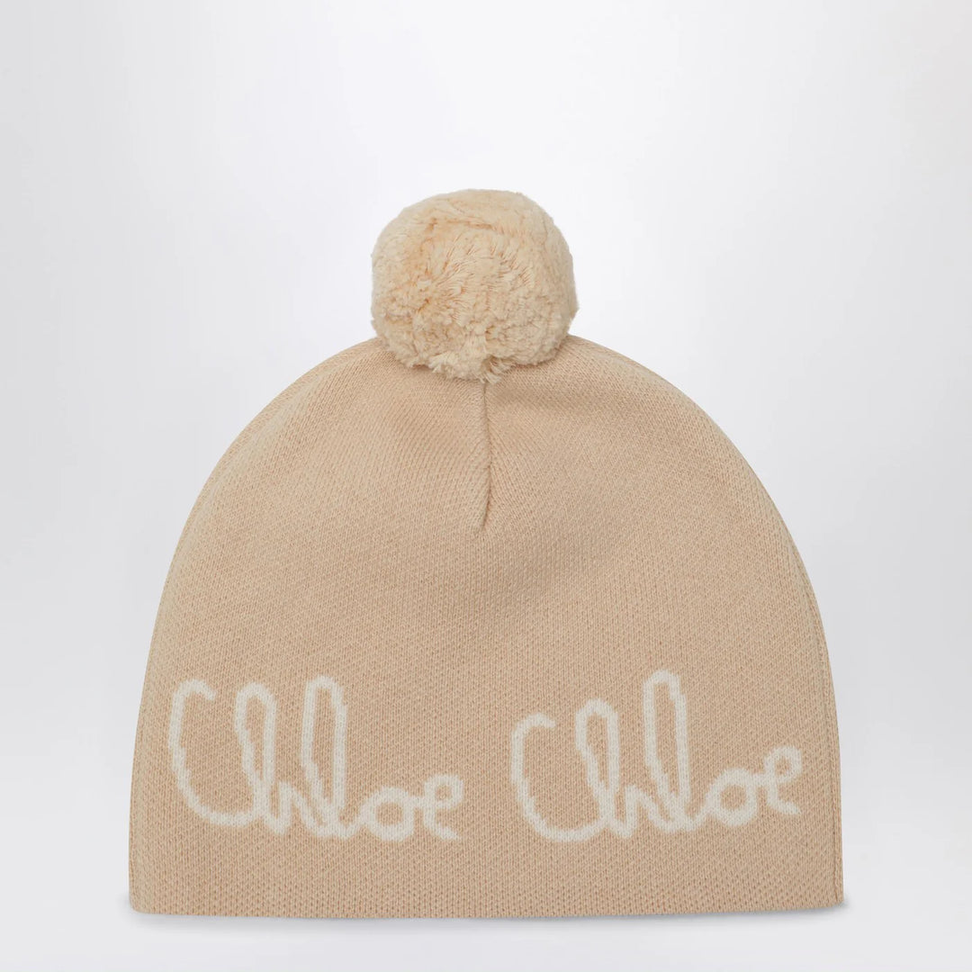 Chloé - Beige pom-pom beanie with logo