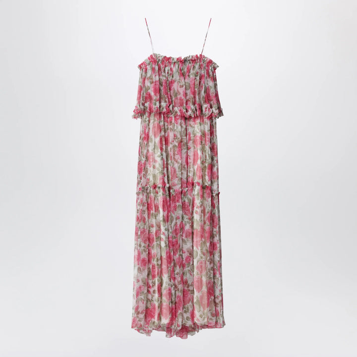 Chloé - Long silk muslin dress with rose print, white/pink