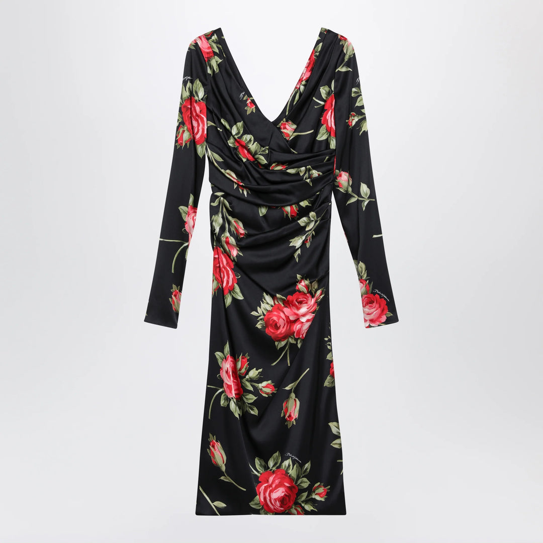 Dolce&amp;Gabbana - Draped satin dress with Bouquet rose print in black