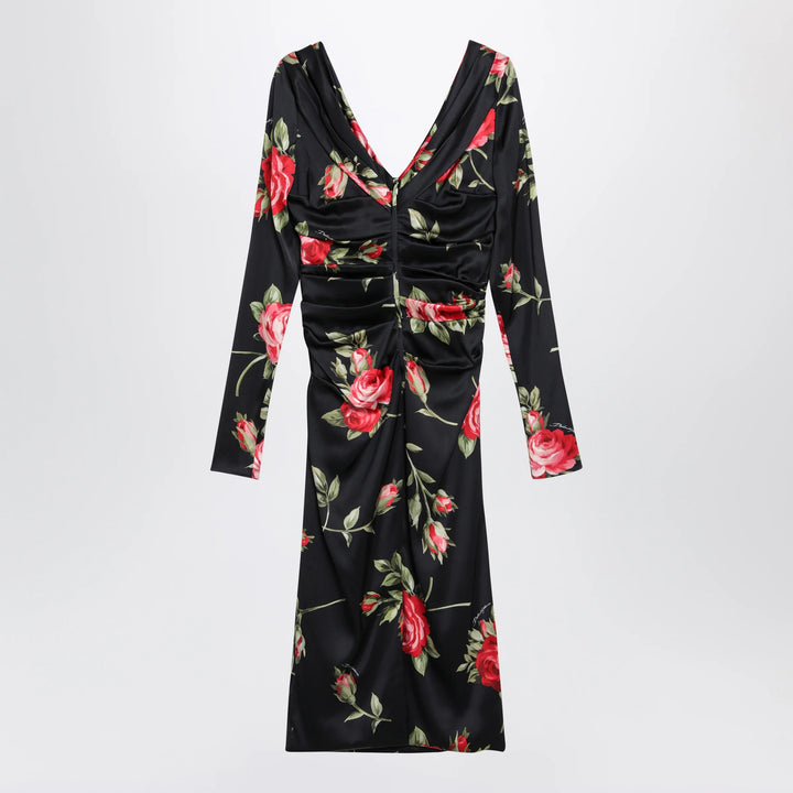 Dolce&amp;Gabbana - Draped satin dress with Bouquet rose print in black