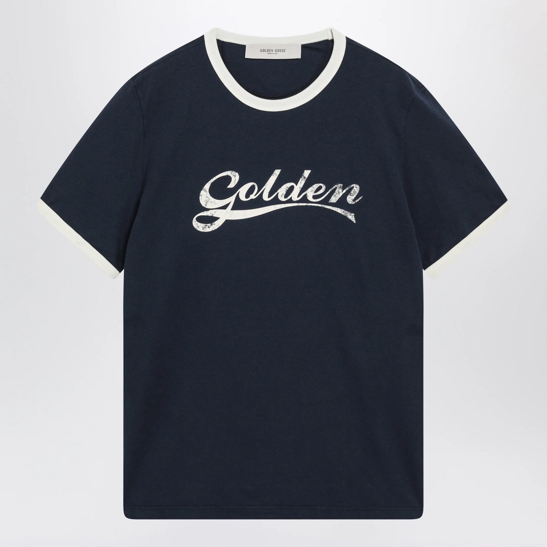 Golden Goose - Cotton T-shirt with vintage logo print in blue/white