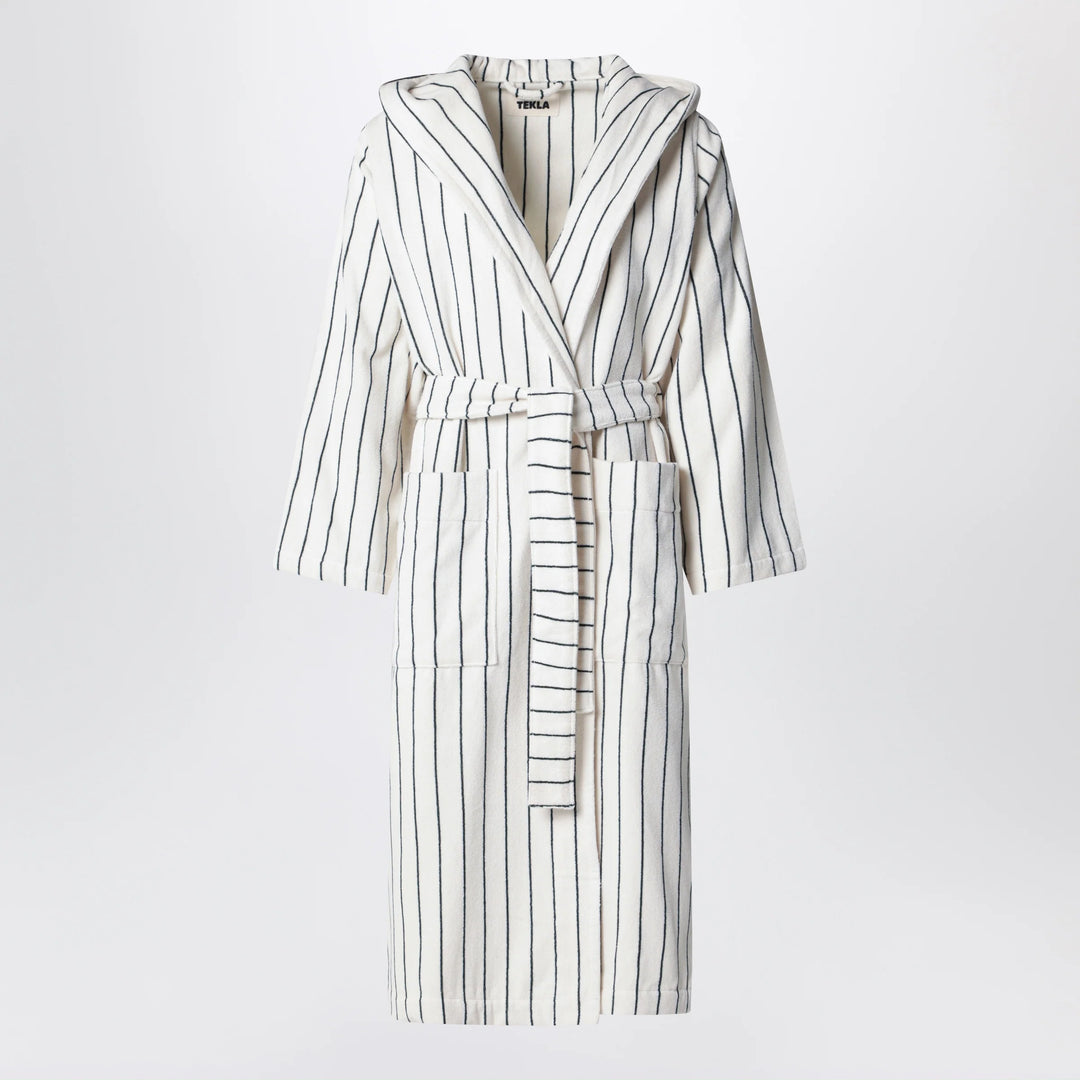 Tekla - Hooded organic cotton bathrobe in racing green stripes
