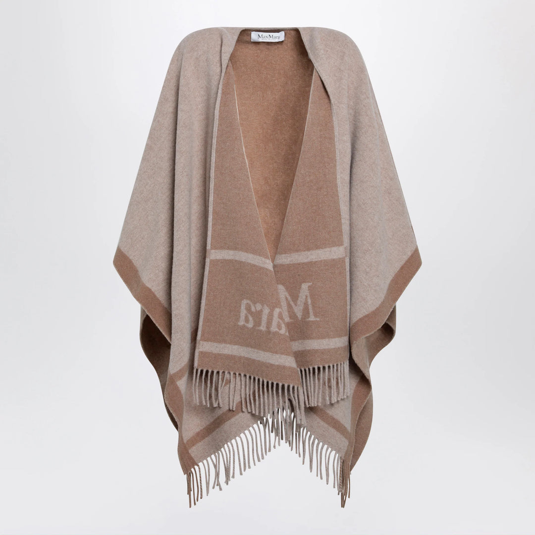 Max Mara - Jacquard poncho with fringes in sand-colored wool