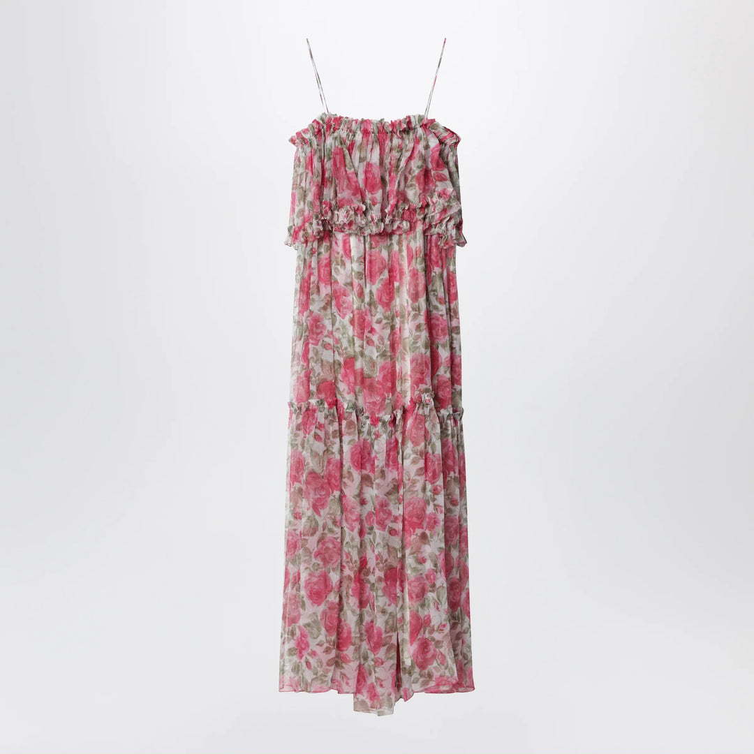 Chloé - Long silk muslin dress with rose print, white/pink Brand Apparel & Accessories 38  FR