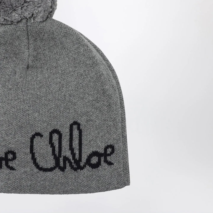Chloé - Grey pom-pom beanie with logo Brand Apparel &amp; Accessories > Clothing Accessories > Hats T1