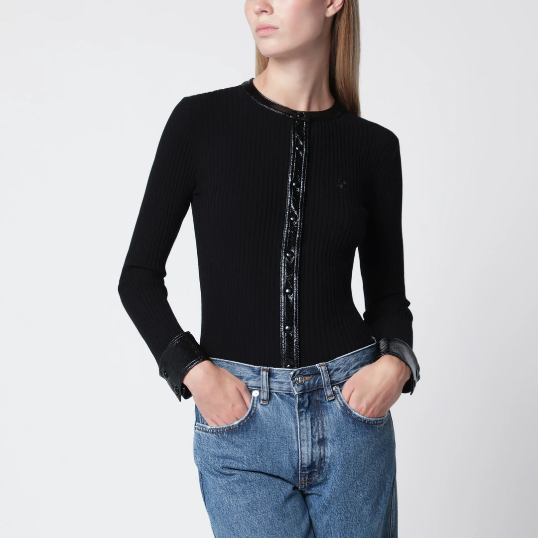 Courrèges - Ribbed viscose-blend cardigan with vinyl trim, black Brand Apparel &amp; Accessories > Clothing > Shirts &amp; Tops M