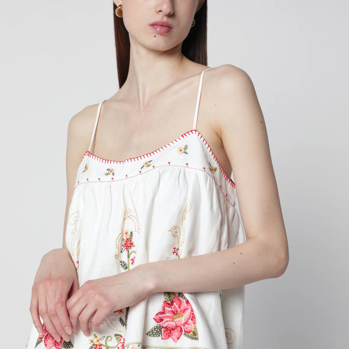 FARM Rio - Linen-blend top with floral embroidery Brand Apparel &amp; Accessories > Clothing > Shirts &amp; Tops