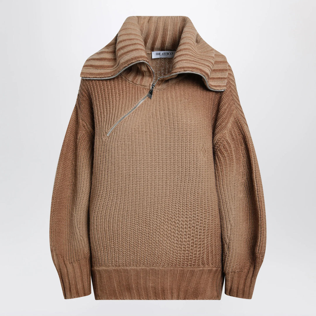 The Attico - Camel wool and cashmere sweater with asymmetric zip Brand Apparel & Accessories > Clothing > Shirts & Tops 38  IT