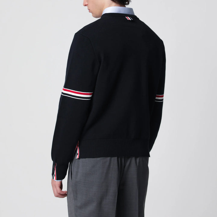 Thom Browne - Navy blue cotton sweater with tricolor details Brand Apparel &amp; Accessories > Clothing > Shirts &amp; Tops