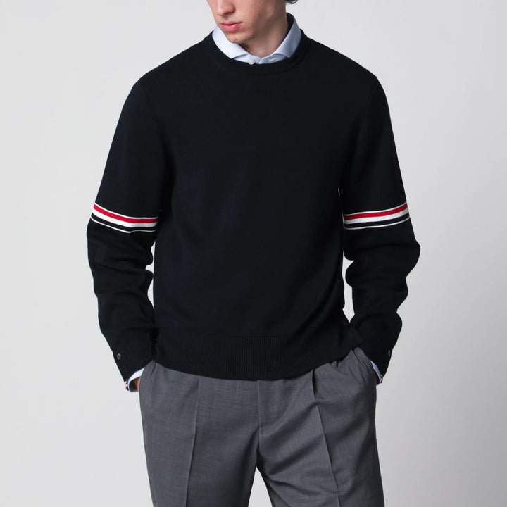 Thom Browne - Navy blue cotton sweater with tricolor details Brand Apparel &amp; Accessories > Clothing > Shirts &amp; Tops 2