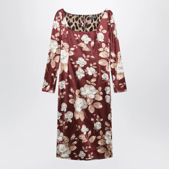 Dolce&amp;Gabbana - Burgundy satin dress with floral print Brand Apparel &amp; Accessories 44  IT