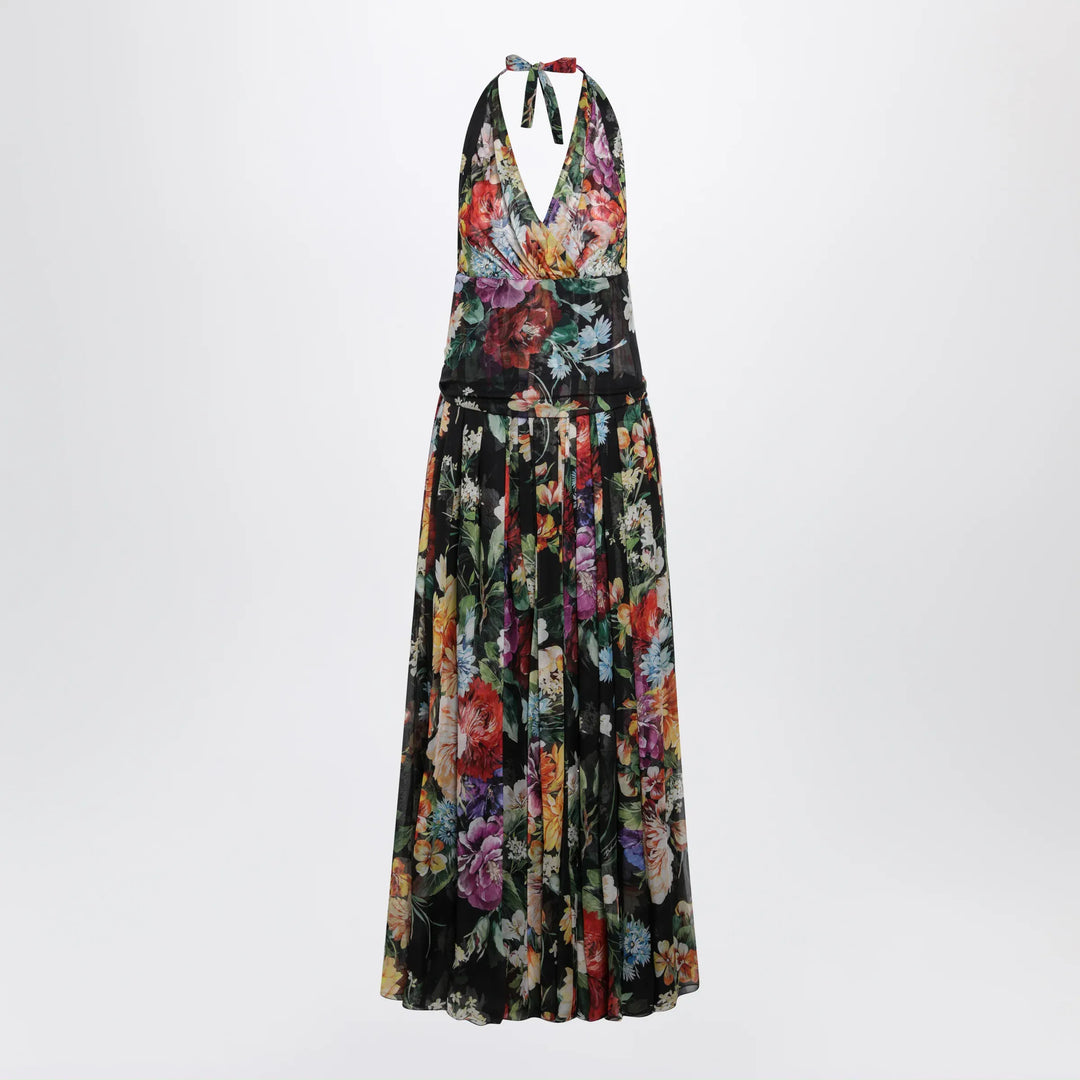 Dolce&amp;Gabbana - Long floral bouquet chiffon dress in black silk Brand Apparel &amp; Accessories 44  IT
