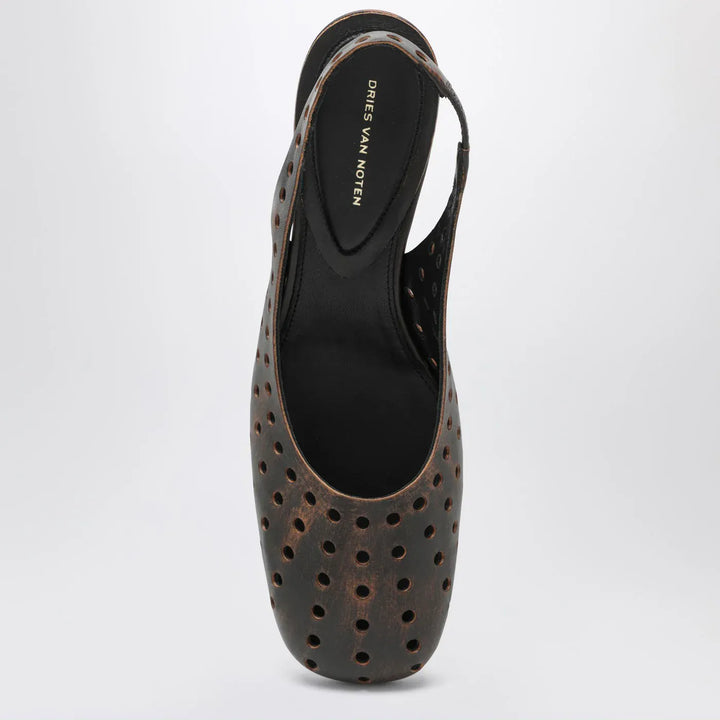 Dries Van Noten - Brown aged leather perforated slingback shoes Brand Apparel &amp; Accessories