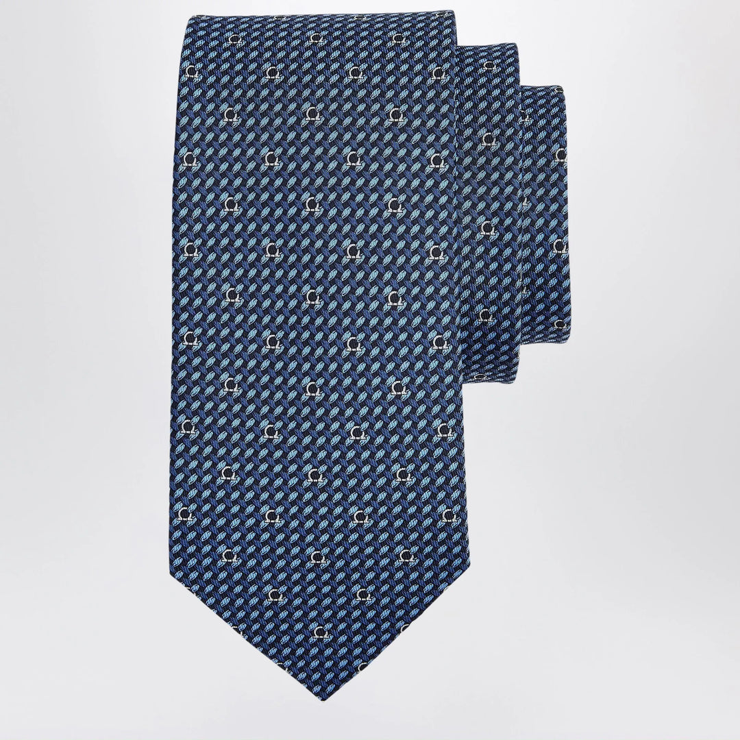 Ferragamo - Dark Blue Gancini Print Silk Tie Brand Apparel & Accessories U