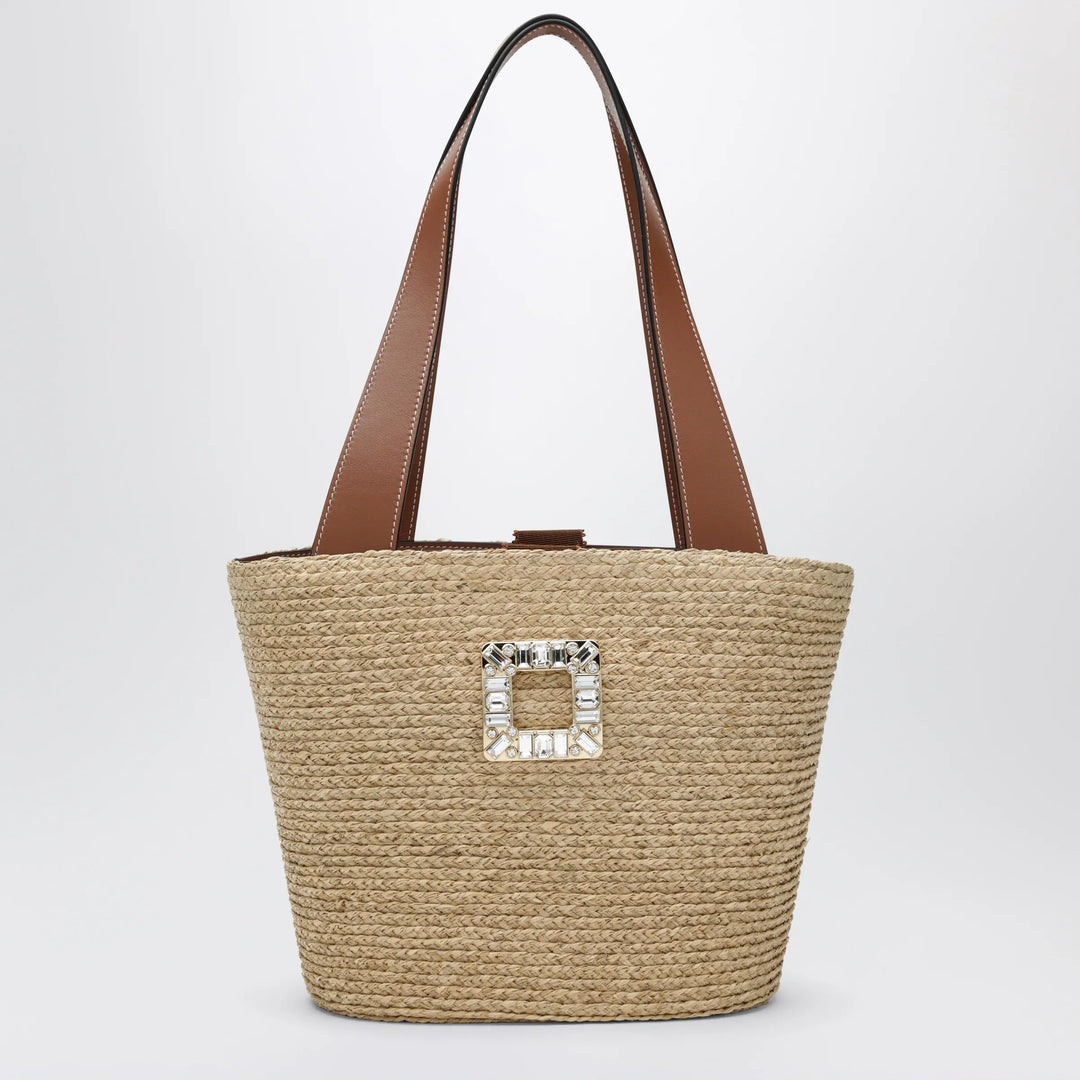 ROGER VIVIER - Viv' Skate Shopping Bag in Beige/Cognac Raffia Brand Apparel & Accessories TU