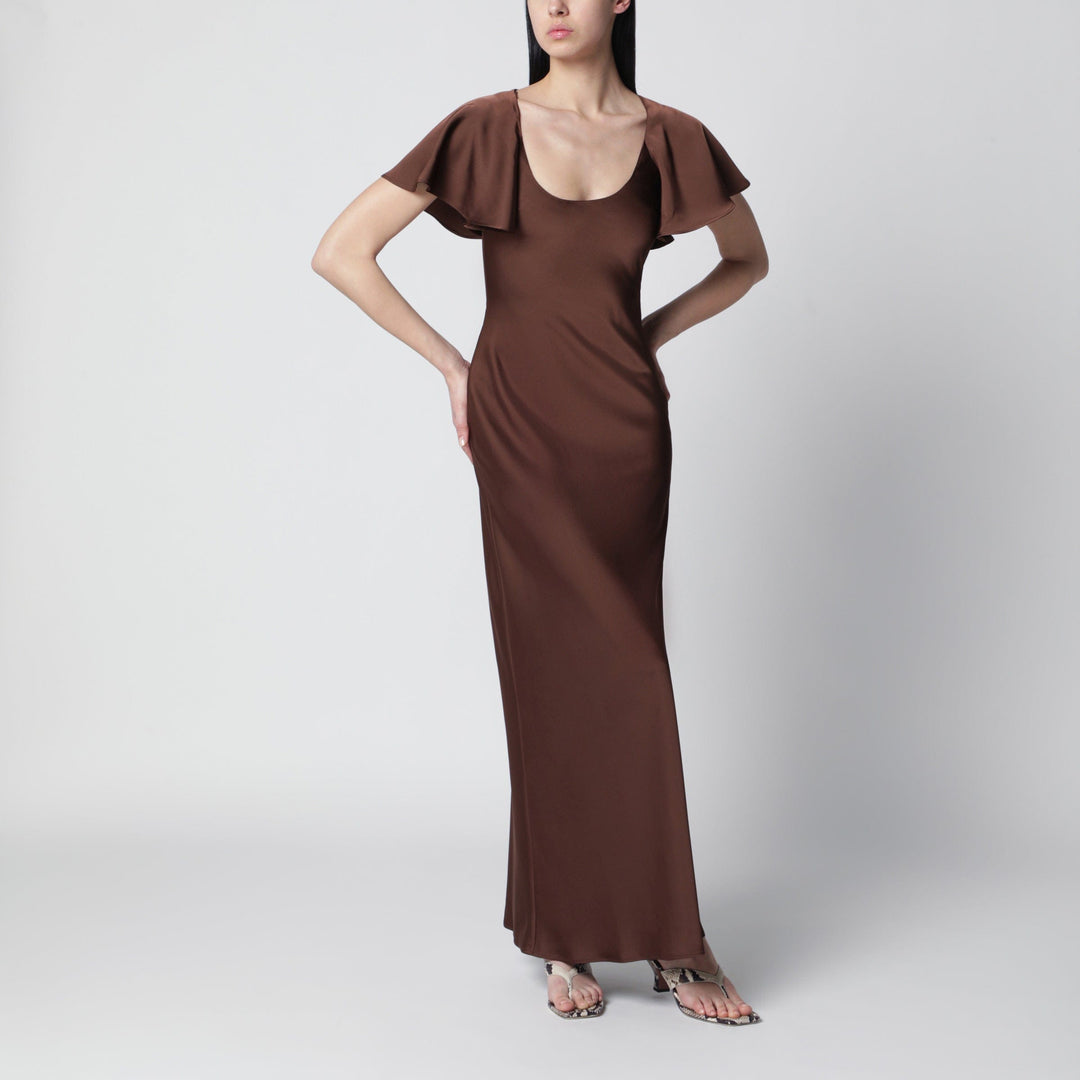 Apparel &amp; Accessories ROTATE Birger Christensen - Long satin dress with flutter sleeves in Potting Soil Brand