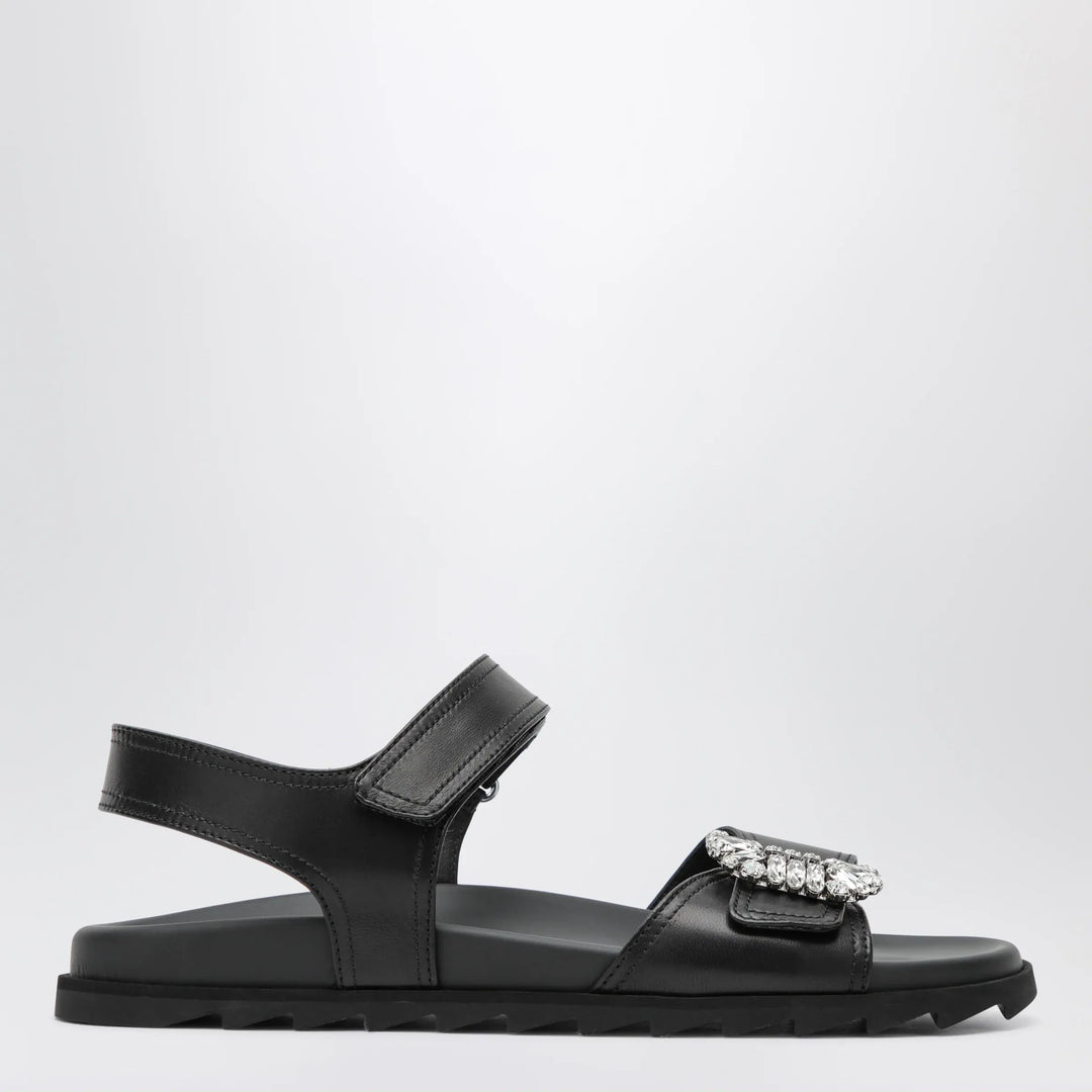 ROGER VIVIER - Black leather sandals with crystal buckle Brand Apparel & Accessories > Shoes 36 IT