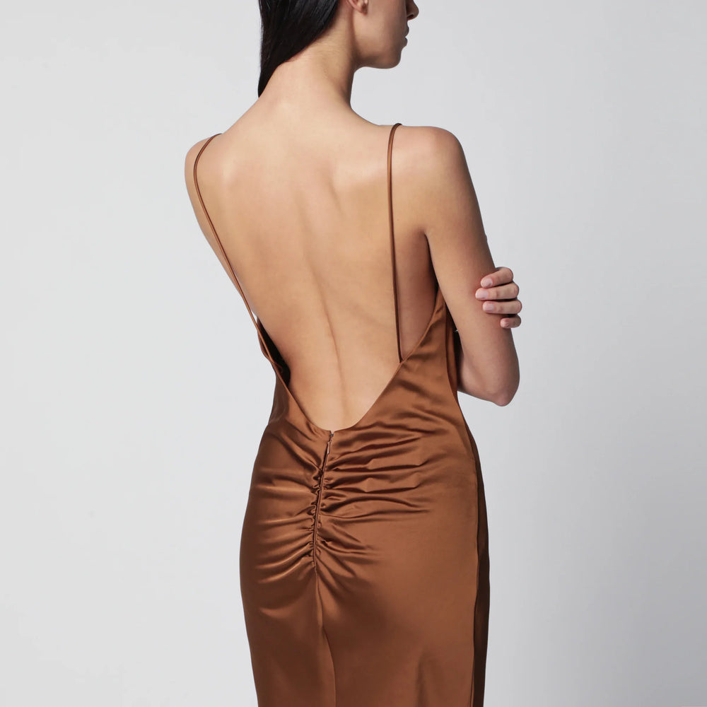 THE ANDAMANE - Ninfea maxi sleeveless dress with ruffles in bronze polyester Brand Apparel & Accessories