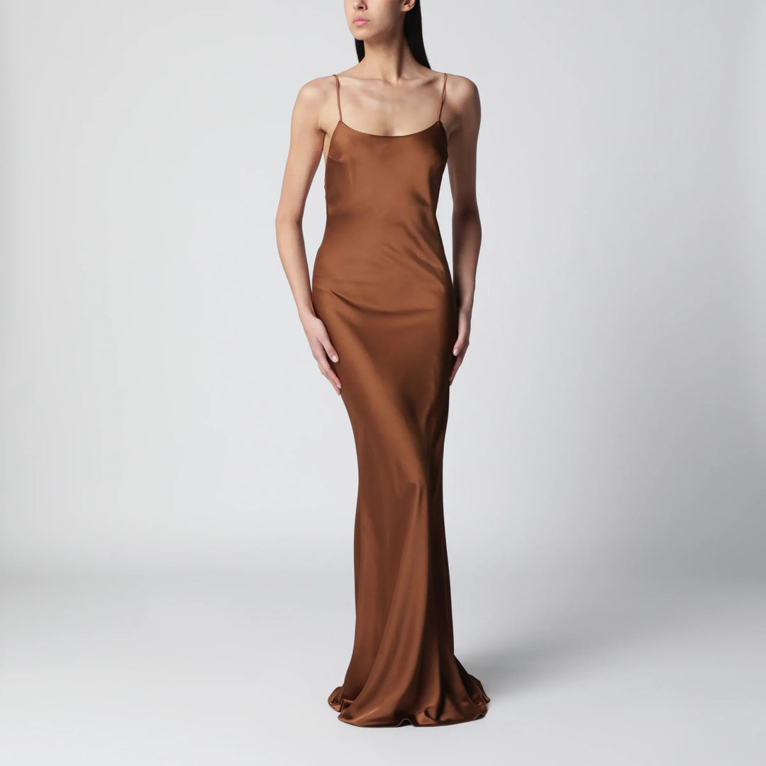 THE ANDAMANE - Ninfea maxi sleeveless dress with ruffles in bronze polyester Brand Apparel & Accessories 38  IT