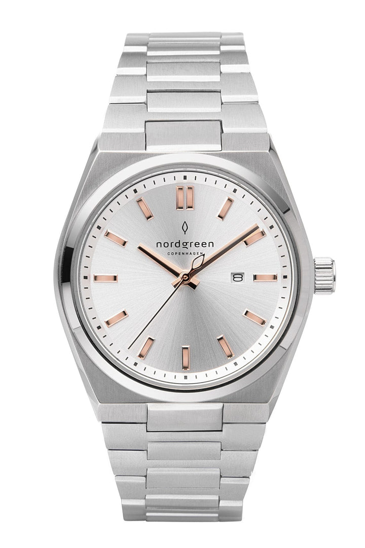 Nordgreen Chronograph Watches Nordgreen Succession 41mm Silver Dial &amp; Rose Gold Indicies Stainless Steel Strap Watch Nordgreen Succession 41mm Silver Dial &amp; Rose Gold Indicies Stainless Steel Strap Watch Brand