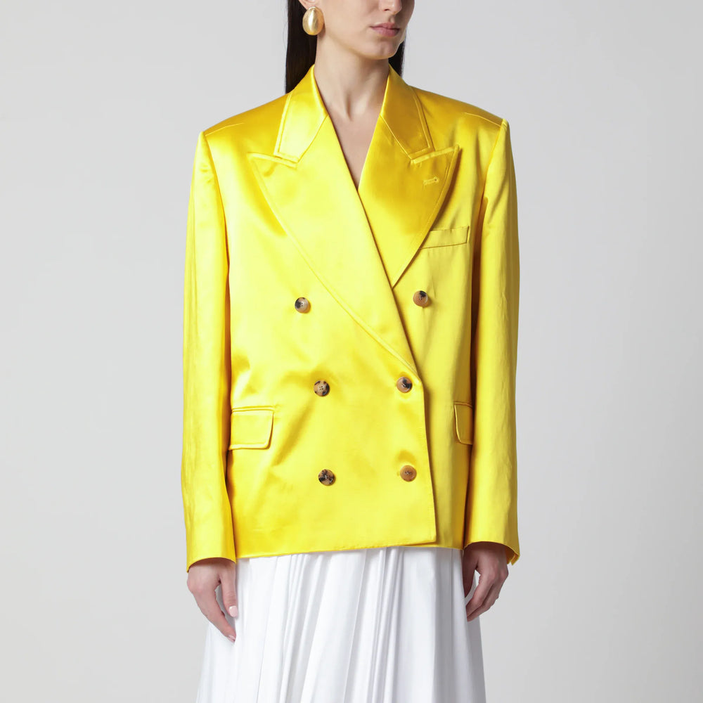 Dries Van Noten - Double-Breasted Cotton Blend Jacket Shiny Yellow Brand Coats & Jackets S