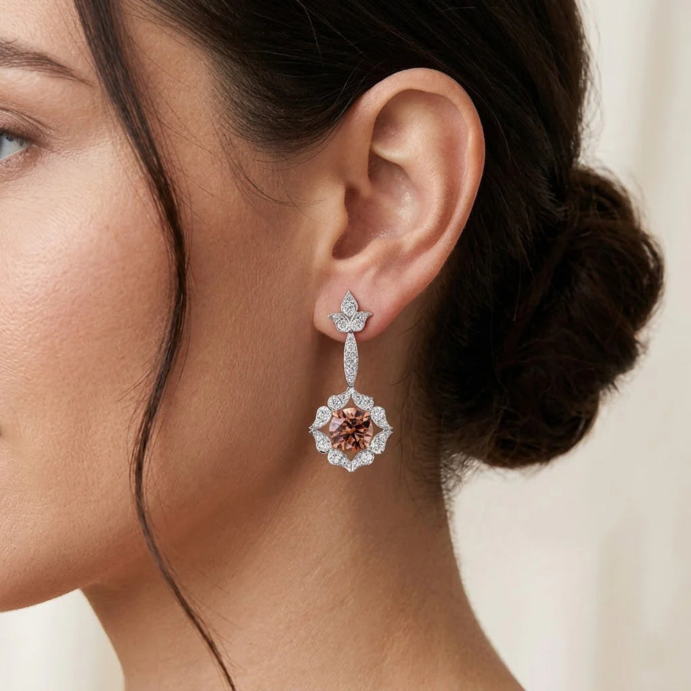 18K White and Rose Gold Fancy Brown Drop Halo Earrings Brand Earrings