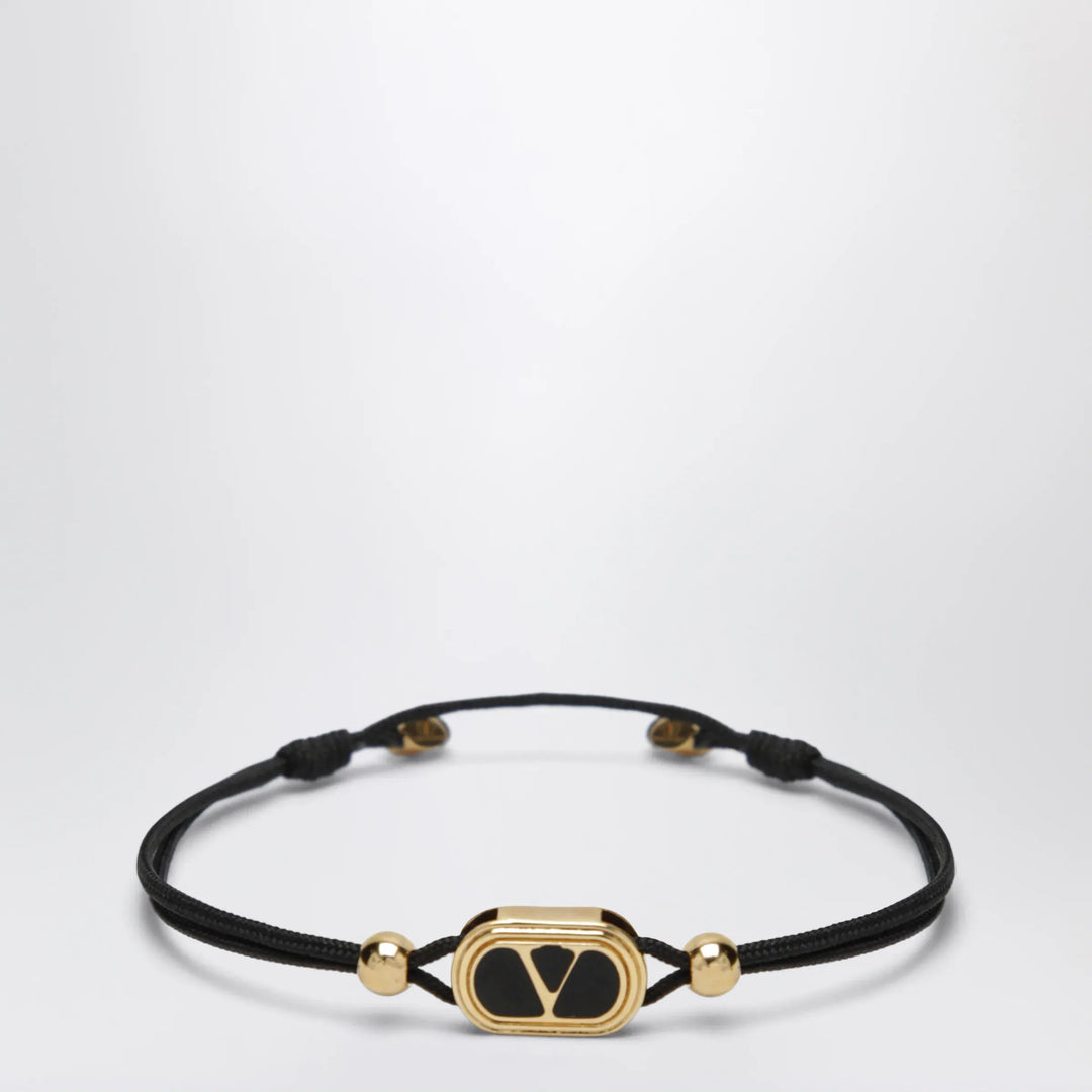 Valentino Garavani - Black cord bracelet with enamelled gold V logo Brand Jewelry U