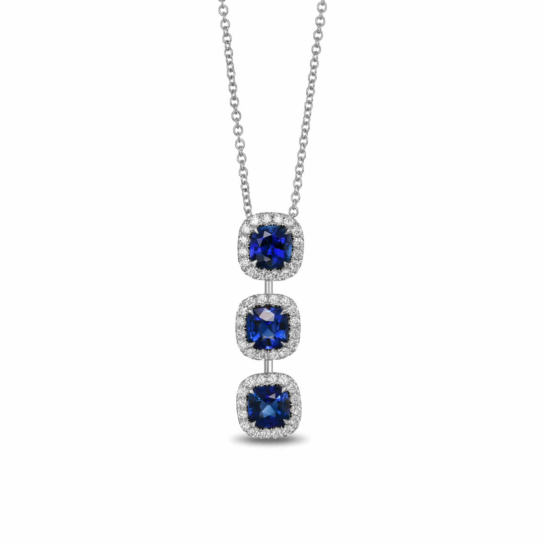 Blue Sapphire Cushion and Diamond 3 Stone Drop Halo Pendant Brand Necklace