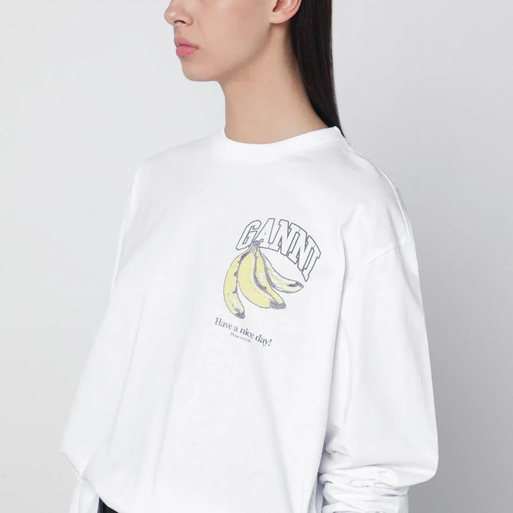 GANNI - White knit top with logo print Brand Shirts &amp; Tops
