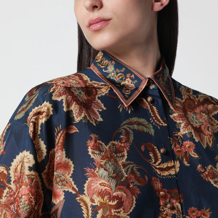 ZIMMERMANN - Aster Relaxed navy Jacobean shirt Brand Shirts &amp; Tops
