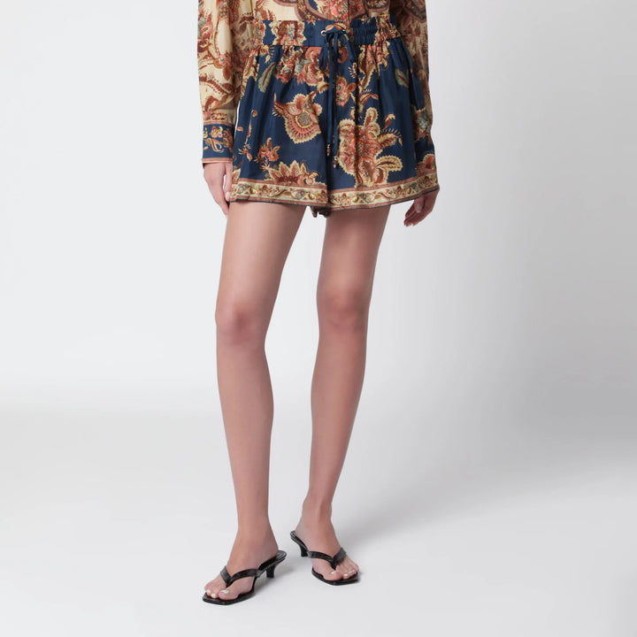 ZIMMERMANN - Aster relaxed-fit silk shorts in navy jacobean Brand Shorts 1