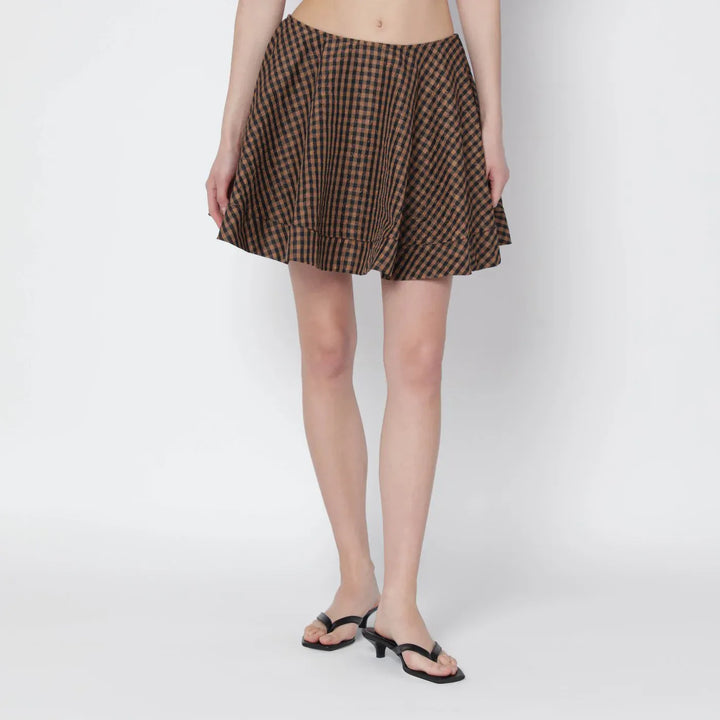 GANNI - Brown/black gingham flared mini skirt Brand Skirts