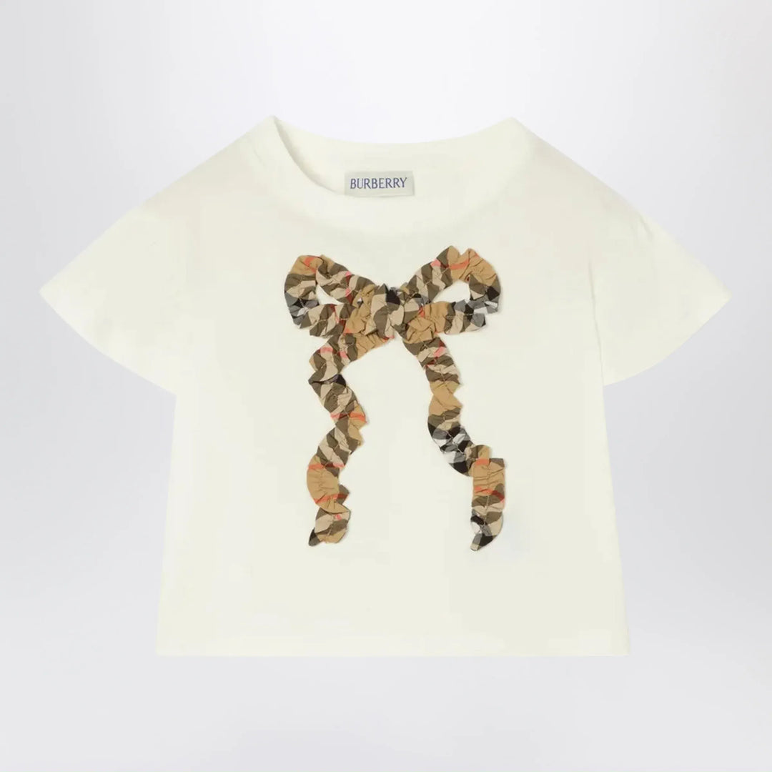 Burberry - Chalk white T-shirt with bow with Checked pattern Brand T-Shirt 2Y