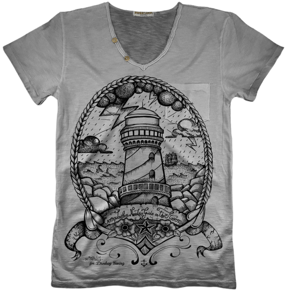 Vintabros T-shirt S / Grey Vintabros Lighthouse in the Storm Men V-neck T-shirt Brand