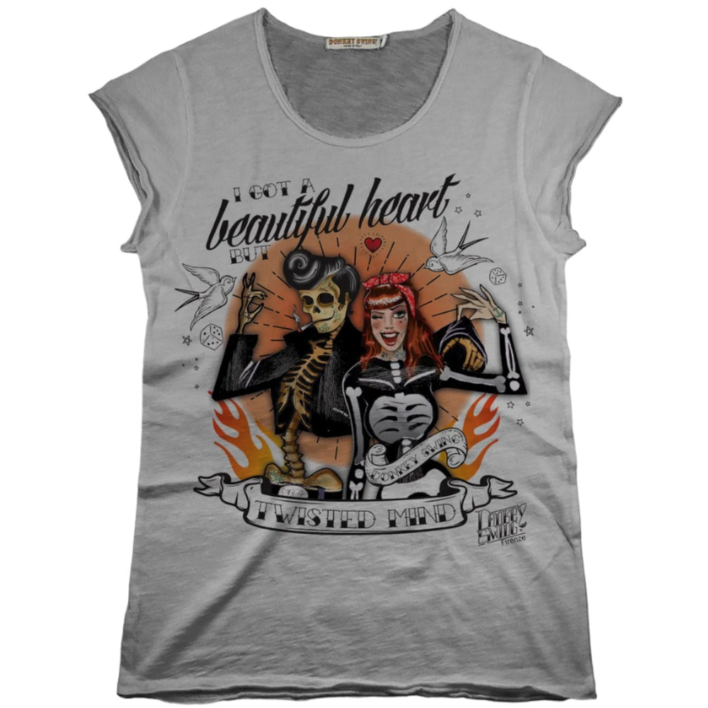 Vintabros T-shirt S / Grey Vintabros Twisted Mind Rockabilly Cotton Women T-shirt Raw Cut Brand