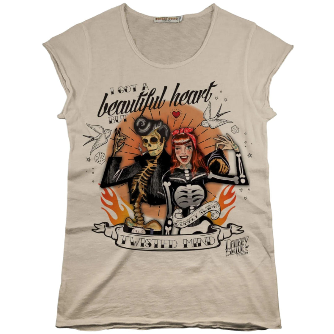 Vintabros T-shirt S / Sand Vintabros Twisted Mind Rockabilly Cotton Women T-shirt Raw Cut Brand