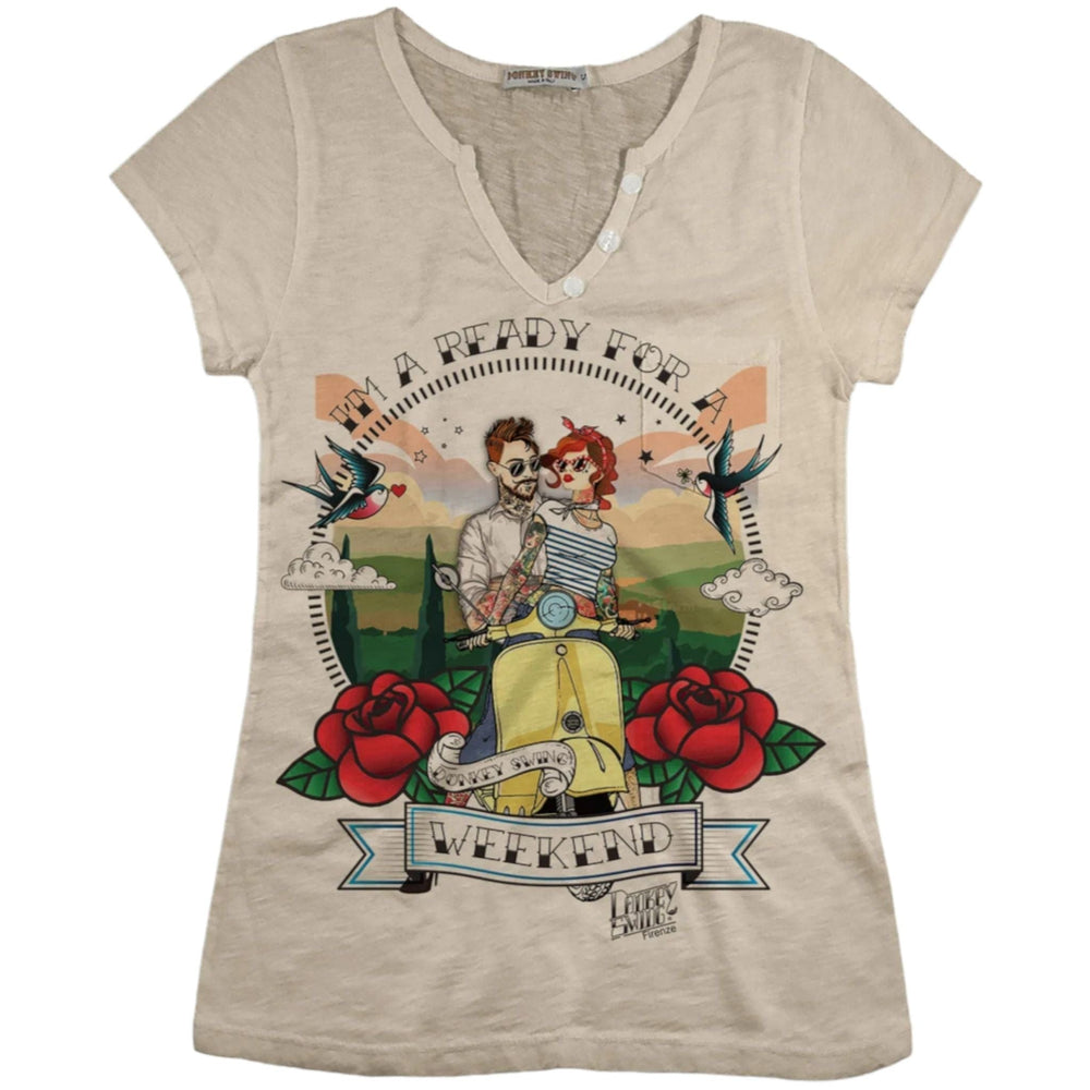 Vintabros T-shirt S / Sand Vintabros Weekend on Vespa Cotton Women T-shirt V Neck Brand