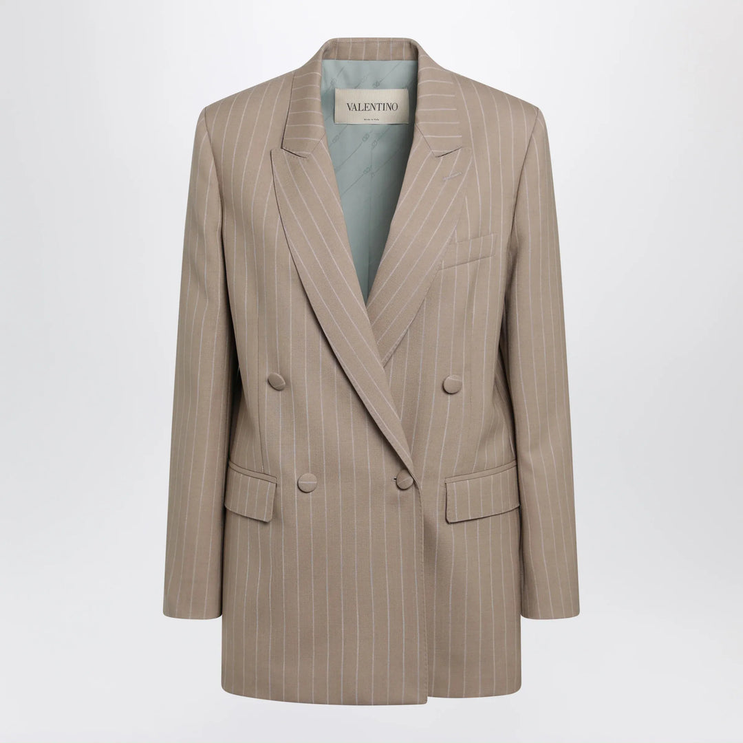 Valentino - Double-Breasted Pinstripe Jacket in Mud/Ivory Virgin Wool Brand 38  IT