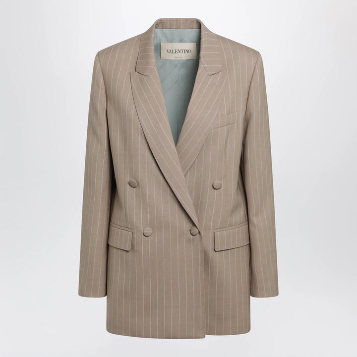 Valentino - Double-Breasted Pinstripe Jacket in Mud/Ivory Virgin Wool Brand 38  IT