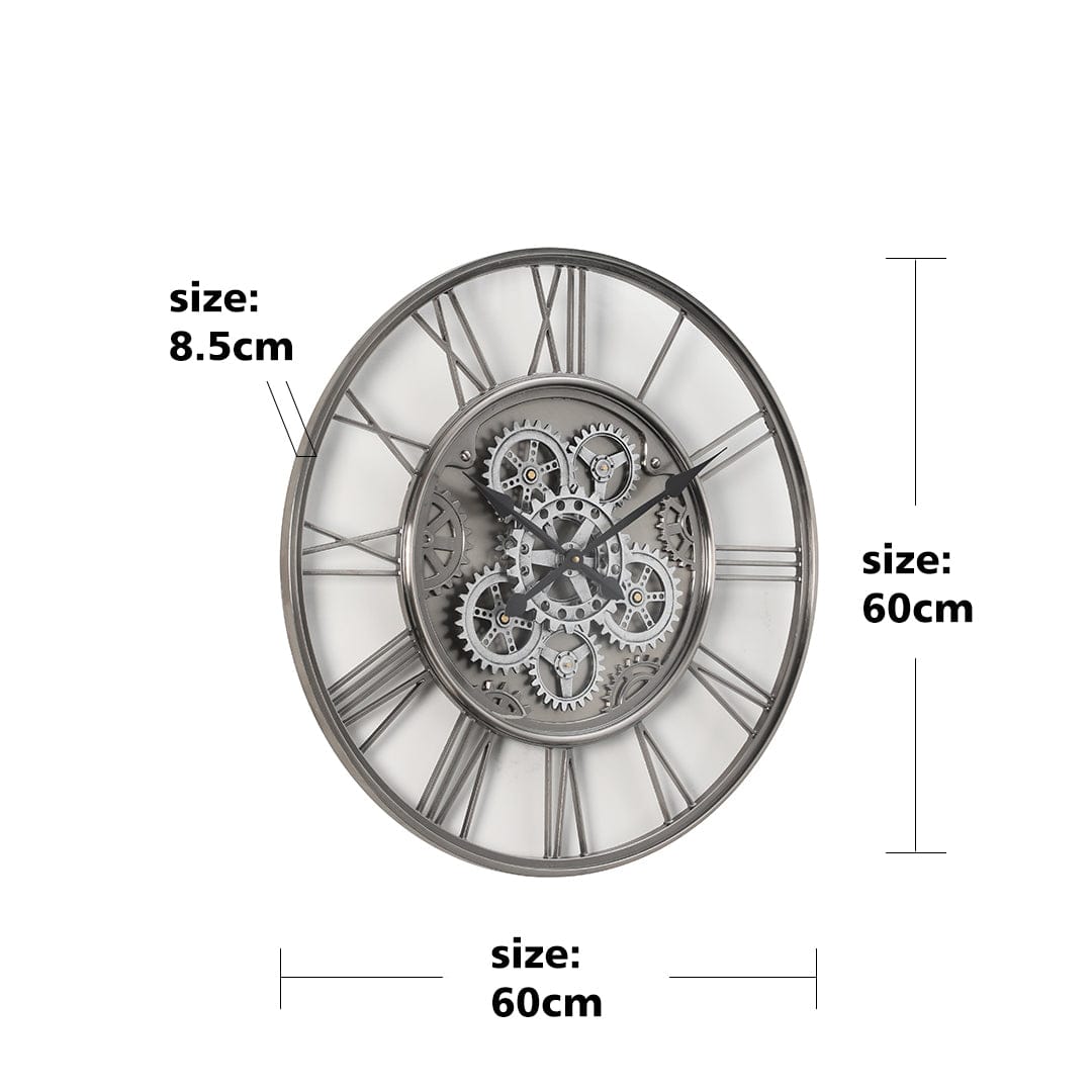 Chilli Wall Clock Iron 2 Round Industrial Moving Cogs Wall Clock - Silver Wash Brand